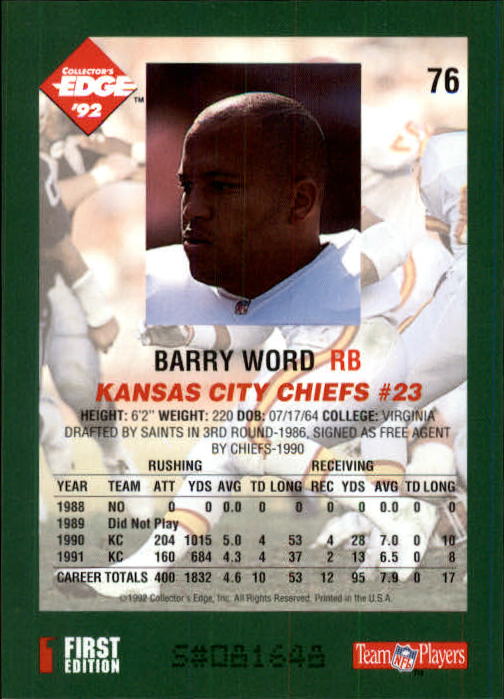 1992 Collector's Edge #76 Barry Word back image