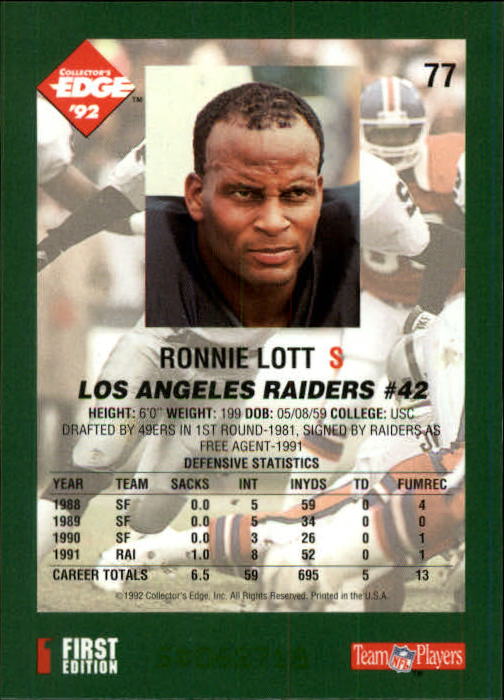 1992 Collector's Edge #77 Ronnie Lott back image