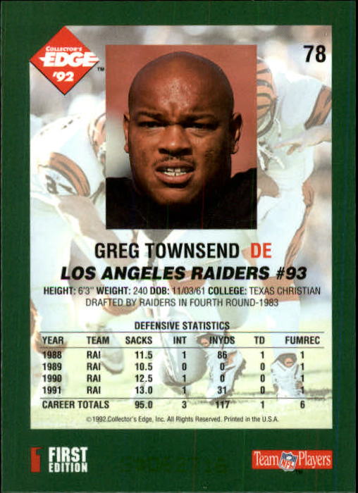 1992 Collector's Edge #78 Greg Townsend back image