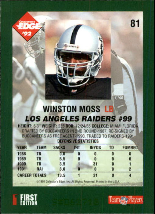 1992 Collector's Edge #81 Winston Moss back image