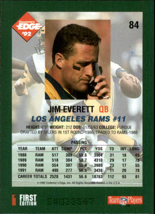 1992 Collector's Edge #84 Jim Everett back image