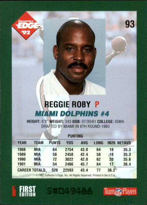 1992 Collector's Edge #93 Reggie Roby back image