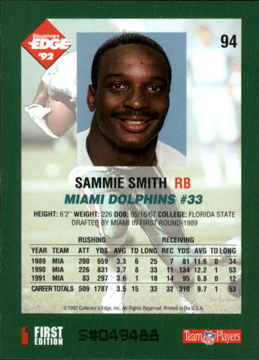 1992 Collector's Edge #94 Sammie Smith back image