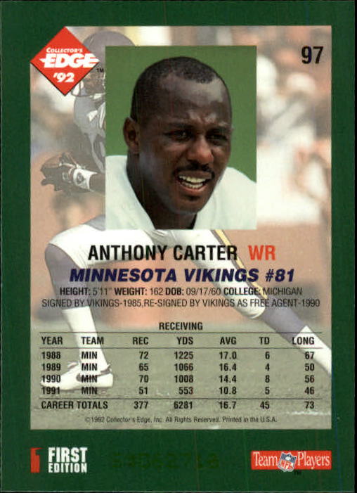 1992 Collector's Edge #97 Anthony Carter back image
