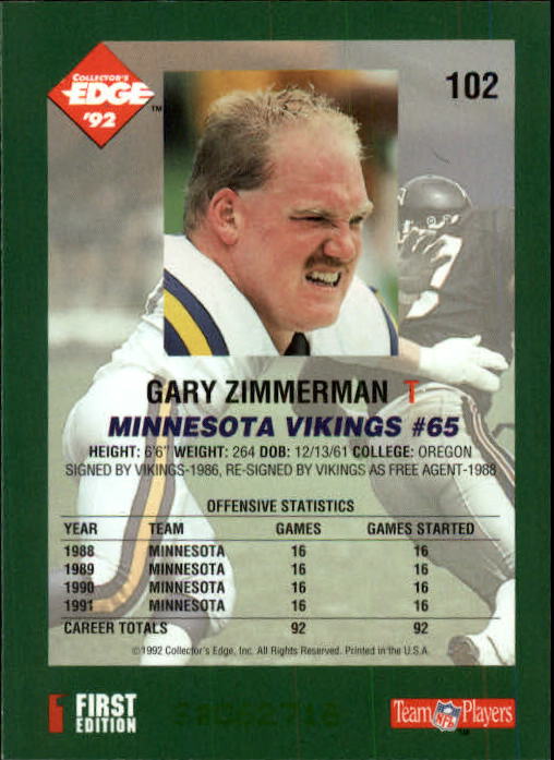 1992 Collector's Edge #102 Gary Zimmerman back image