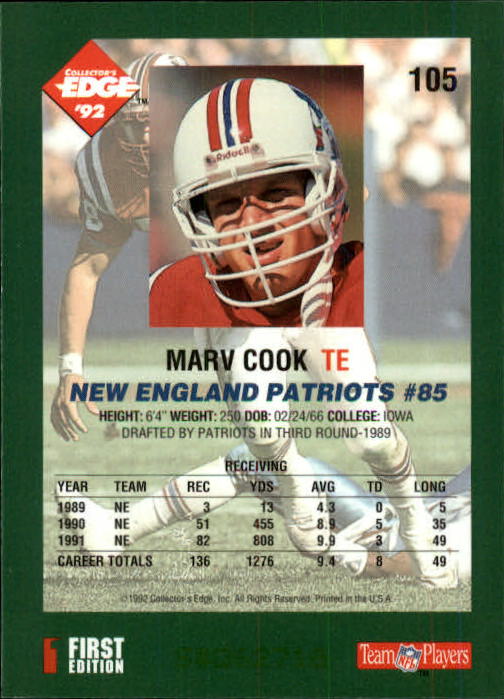 1992 Collector's Edge #105 Marv Cook back image