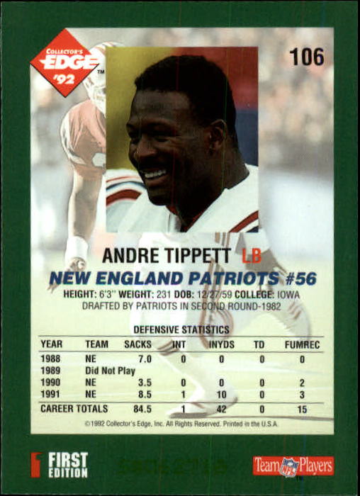 1992 Collector's Edge #106 Andre Tippett back image