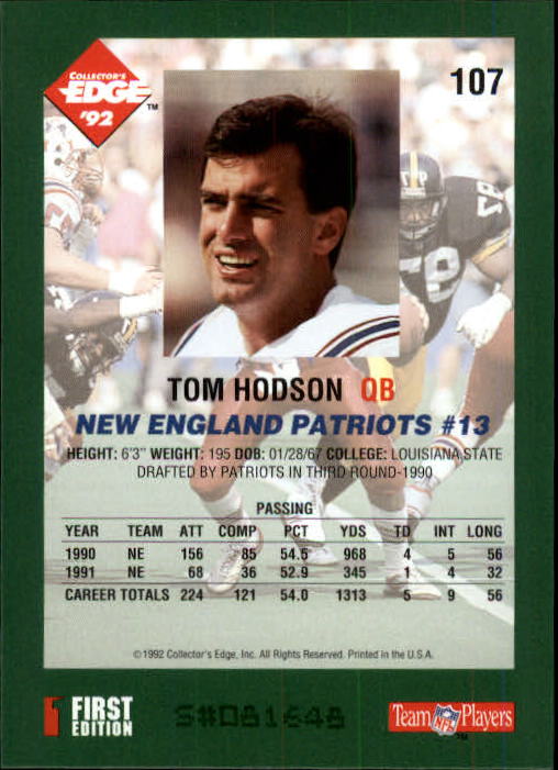 1992 Collector's Edge #107 Tommy Hodson back image