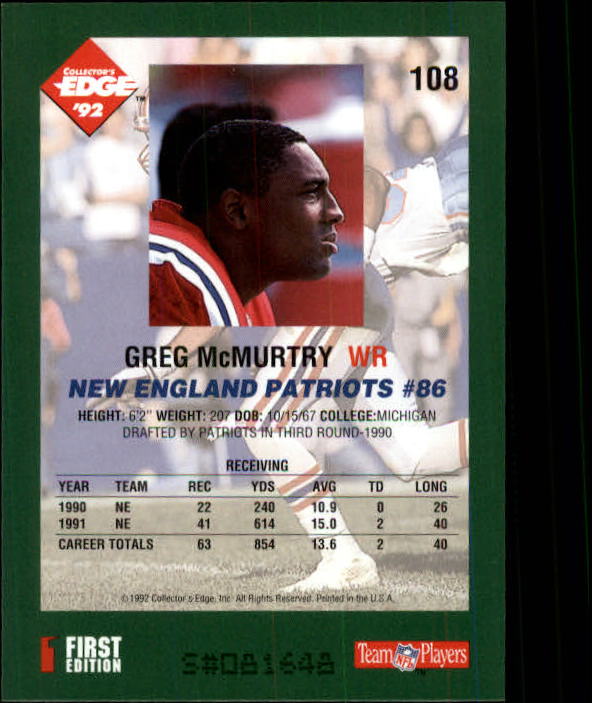 1992 Collector's Edge #108 Greg McMurtry back image