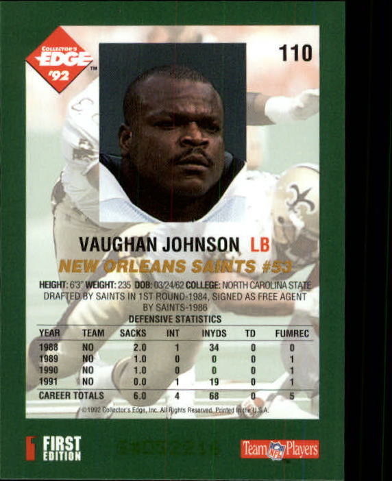 1992 Collector's Edge #110 Vaughan Johnson back image