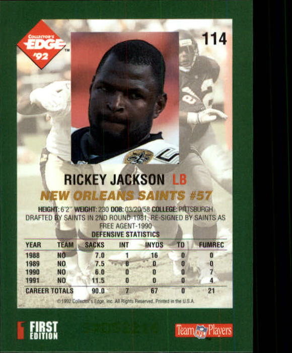 1992 Collector's Edge #114 Rickey Jackson back image