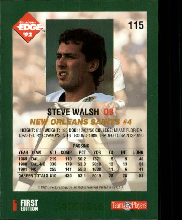 1992 Collector's Edge #115 Steve Walsh back image