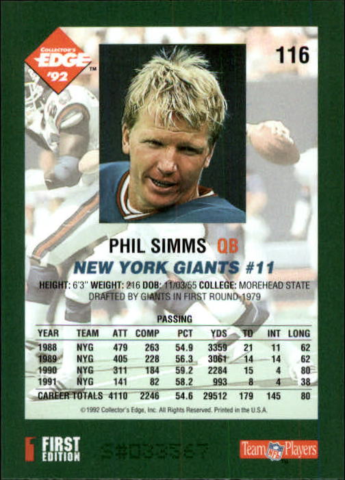 1992 Collector's Edge #116 Phil Simms back image