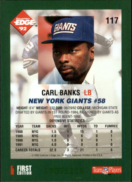 1992 Collector's Edge #117 Carl Banks back image