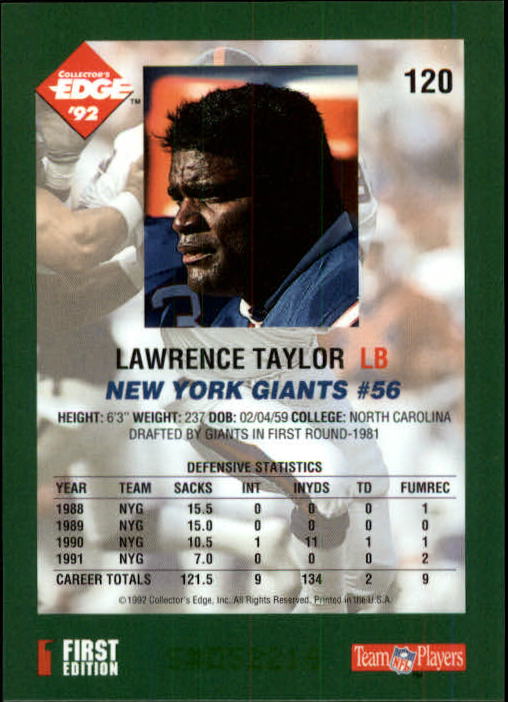1992 Collector's Edge #120 Lawrence Taylor back image