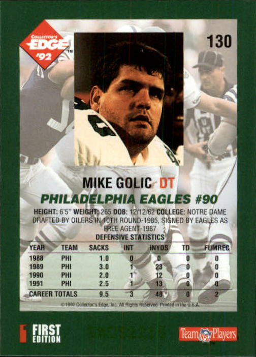 1992 Collector's Edge #130 Mike Golic back image
