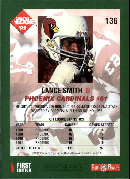 1992 Collector's Edge #136 Lance Smith back image
