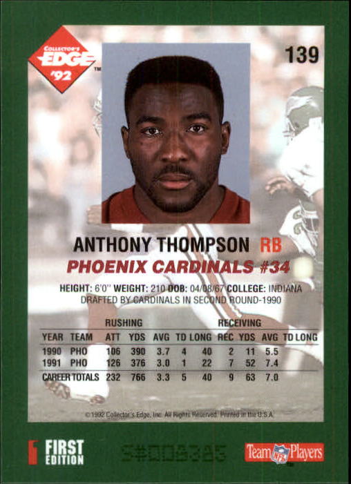 1992 Collector's Edge #139 Anthony Thompson back image