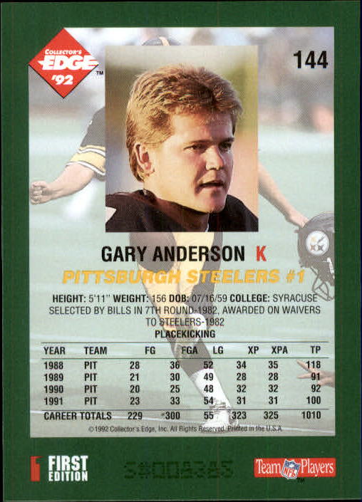 1992 Collector's Edge #144 Gary Anderson K back image