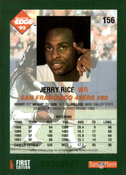 1992 Collector's Edge #156 Jerry Rice back image