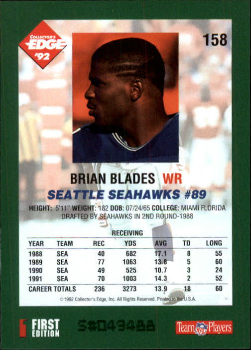 1992 Collector's Edge #158 Brian Blades back image
