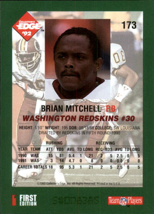 1992 Collector's Edge #173 Brian Mitchell back image