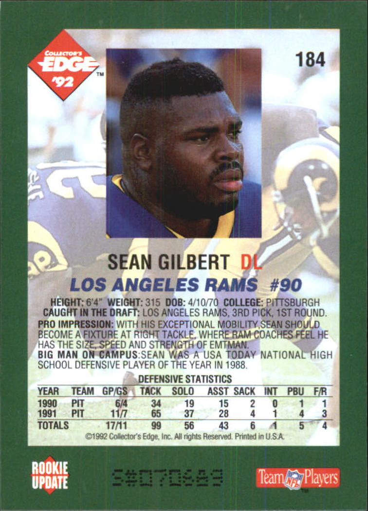 1992 Collector's Edge #184 Sean Gilbert RC back image