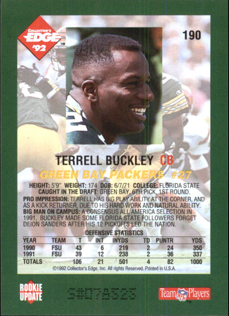 1992 Collector's Edge #190 Terrell Buckley RC back image