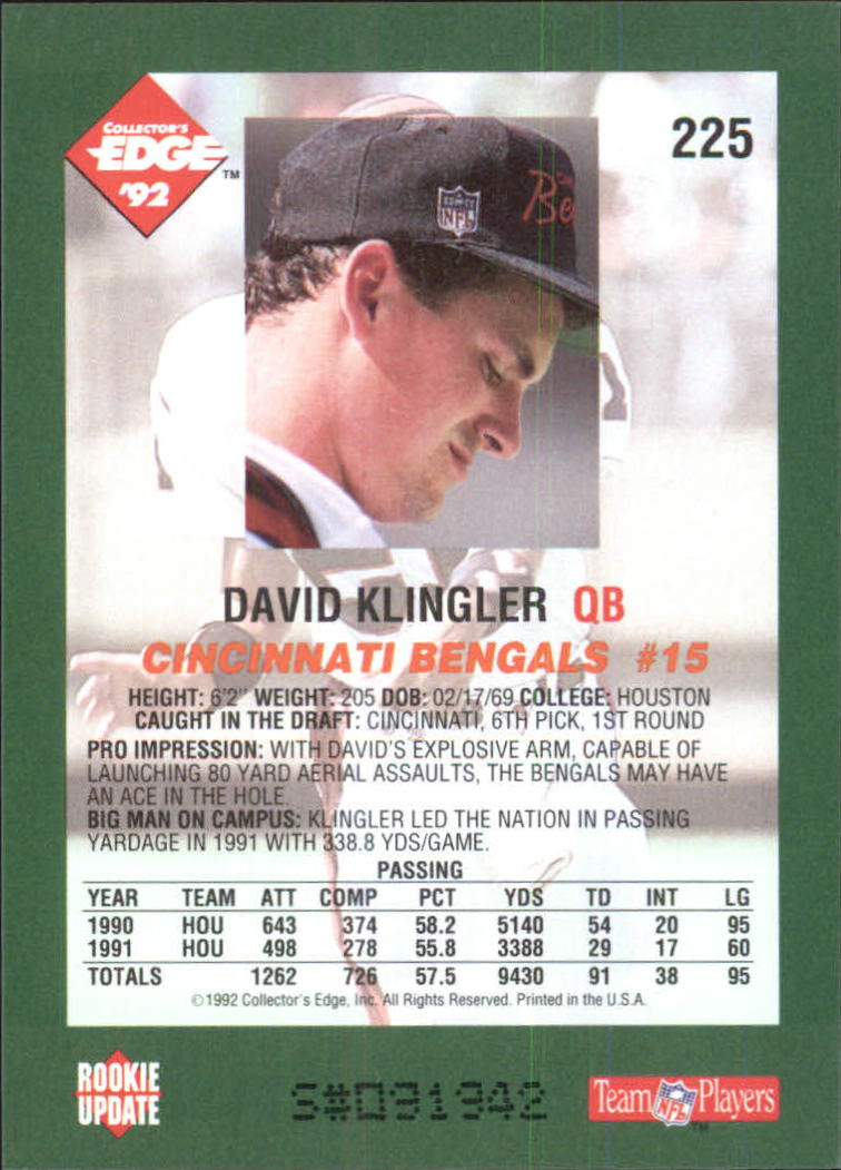 1992 Collector's Edge #225 David Klingler RC back image
