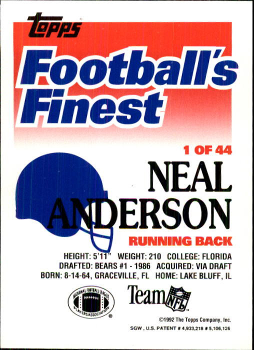 1992 Finest #1 Neal Anderson back image