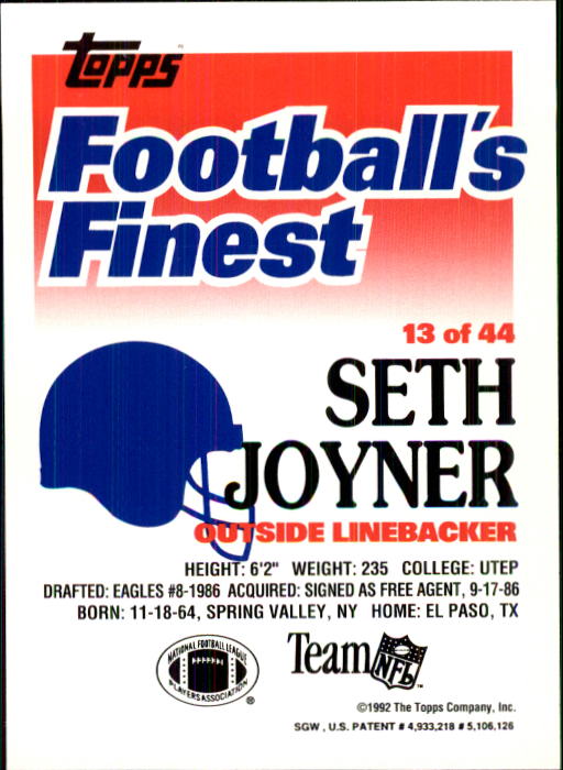 1992 Finest #13 Seth Joyner back image
