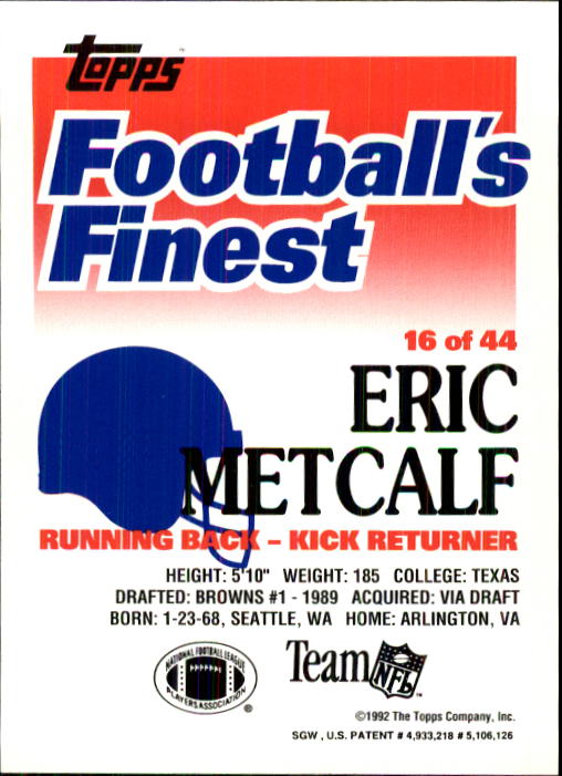 1992 Finest #16 Eric Metcalf back image