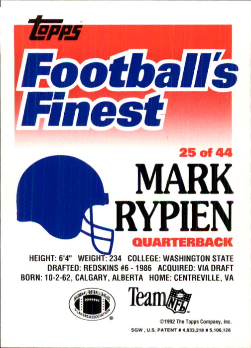 1992 Finest #25 Mark Rypien back image