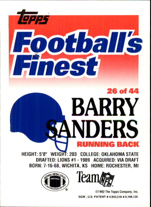 1992 Finest #26 Barry Sanders back image