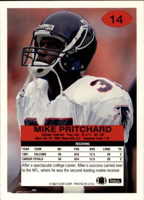 1992 Fleer #14 Mike Pritchard back image