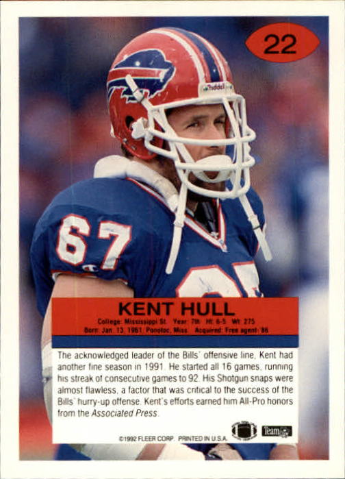 1992 Fleer #22 Kent Hull back image