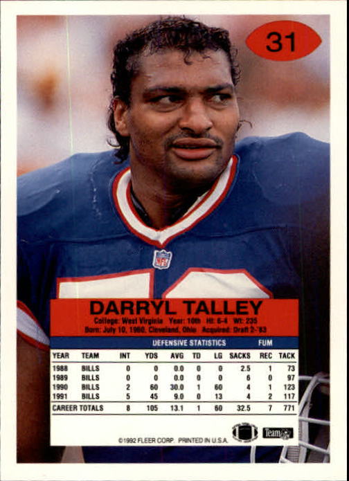 1992 Fleer #31 Darryl Talley back image