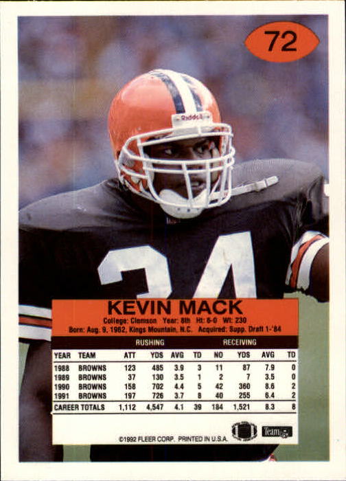 1992 Fleer #72 Kevin Mack back image