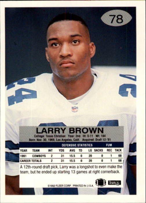 1992 Fleer #78 Larry Brown DB back image