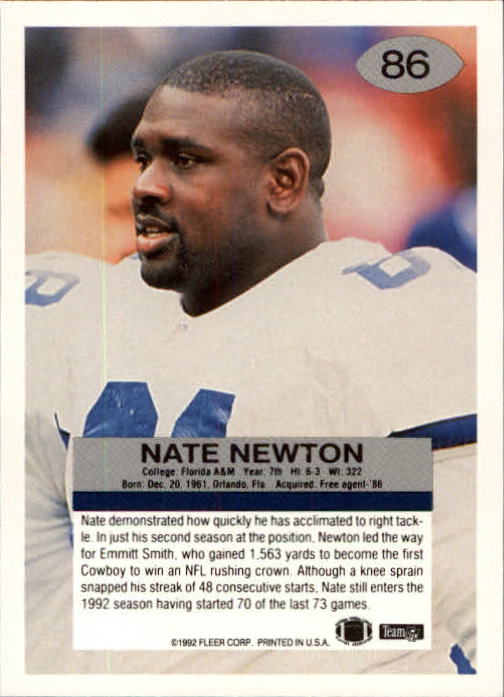 1992 Fleer #86 Nate Newton back image