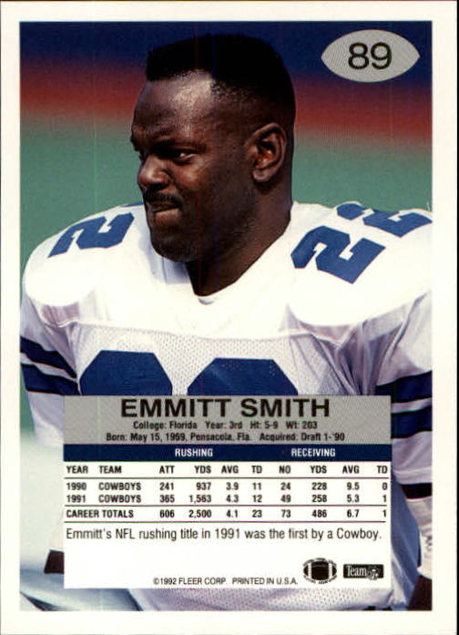 1992 Fleer #89 Emmitt Smith back image