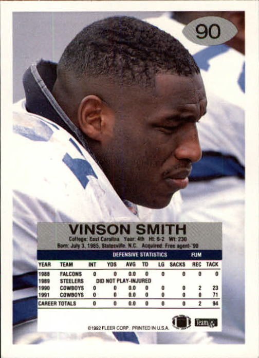 1992 Fleer #90 Vinson Smith RC back image