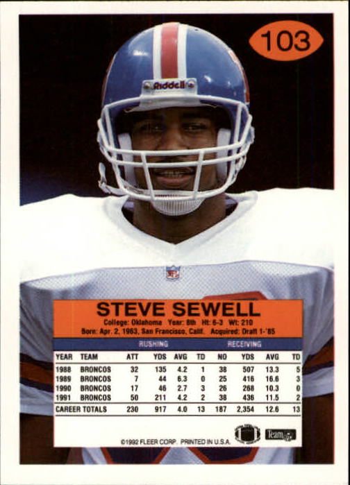 1992 Fleer #103 Steve Sewell back image
