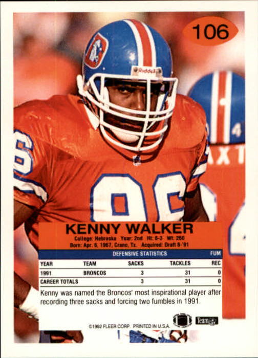 1992 Fleer #106 Kenny Walker back image