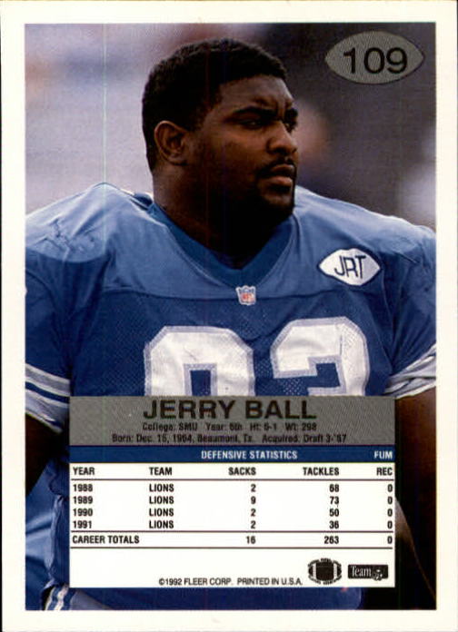 1992 Fleer #109 Jerry Ball back image