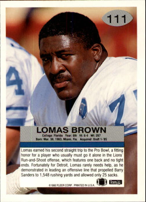 1992 Fleer #111 Lomas Brown back image