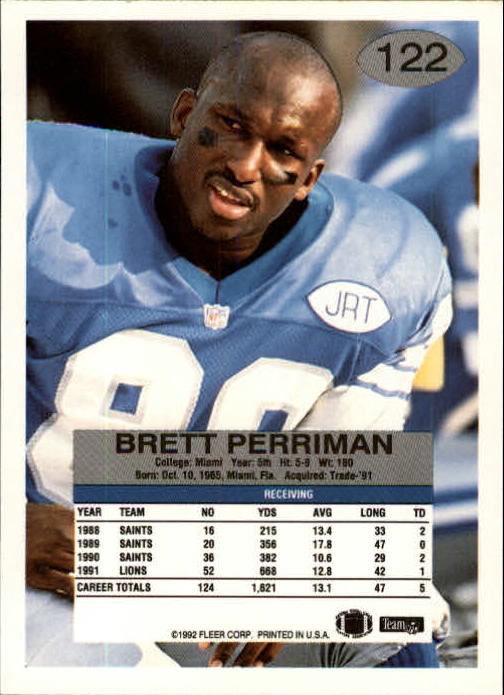 1992 Fleer #122 Brett Perriman back image