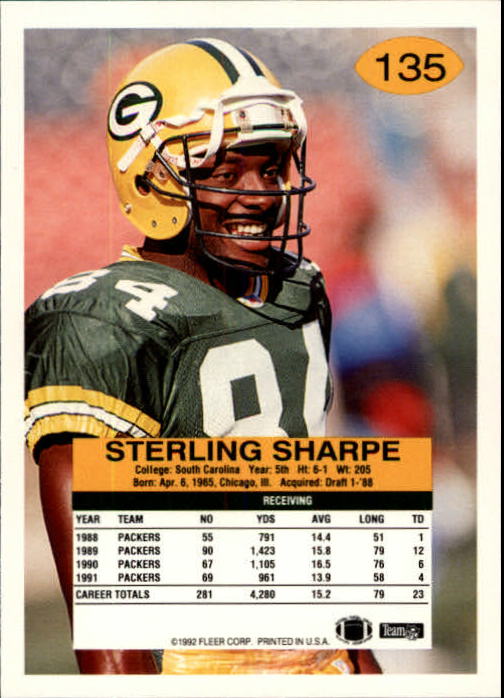 1992 Fleer #135 Sterling Sharpe back image