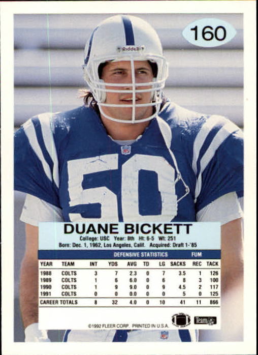 1992 Fleer #160 Duane Bickett back image