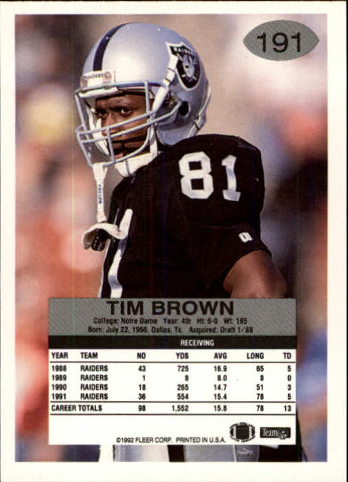 1992 Fleer #191 Tim Brown back image